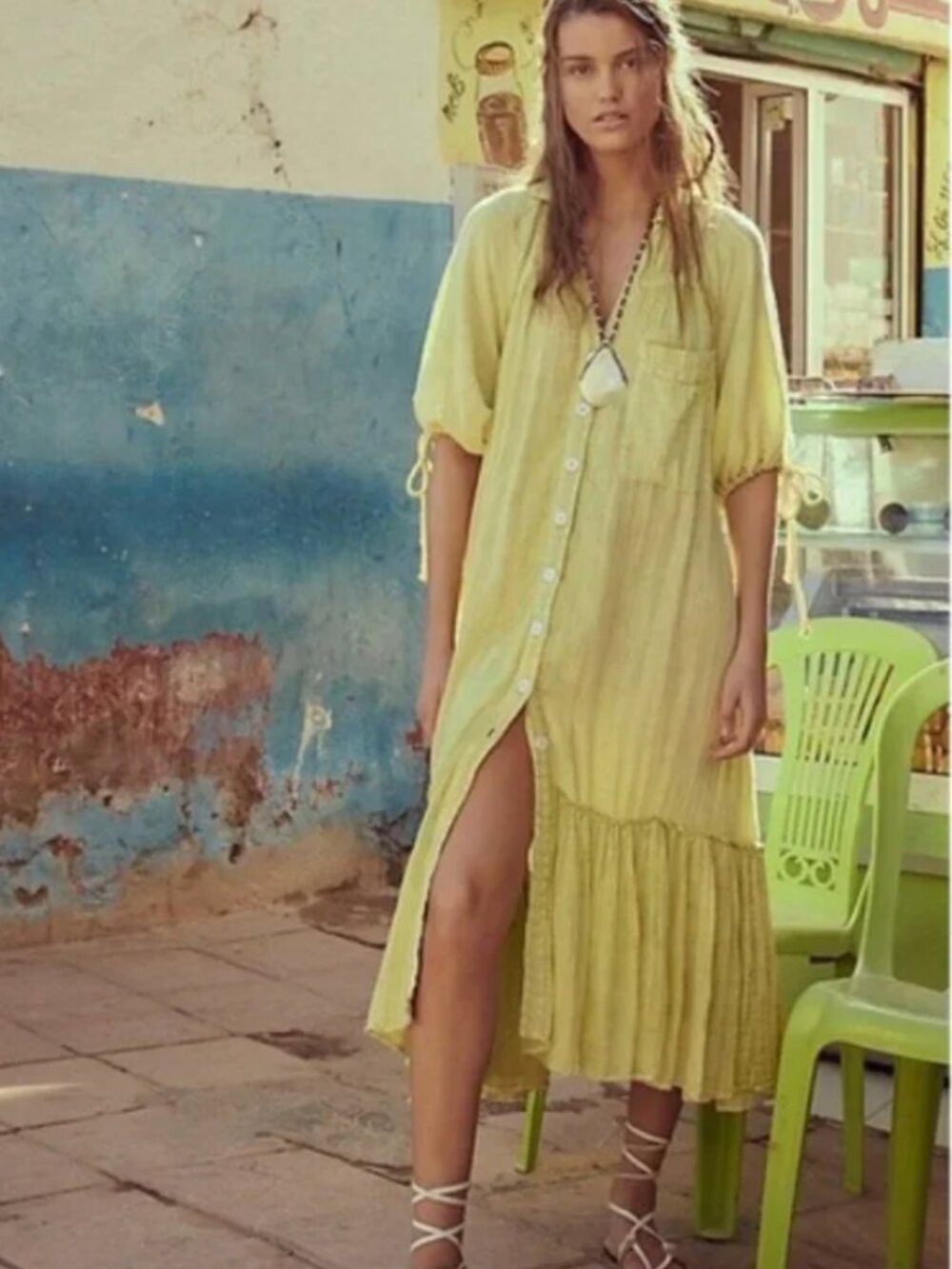 Free People Maya  Green Gauzy Shirt Dress Large